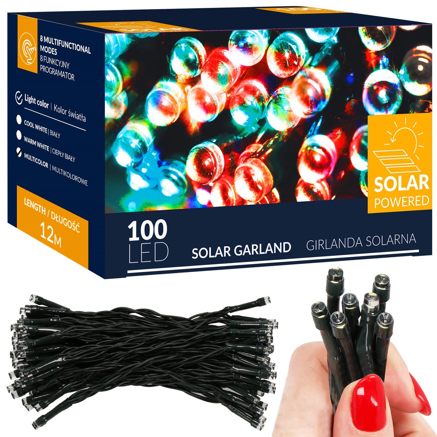 Kalėdinės lemputės su saulės baterija CL4149 12m, šilta balta, 8 apšvietimo funkcijos