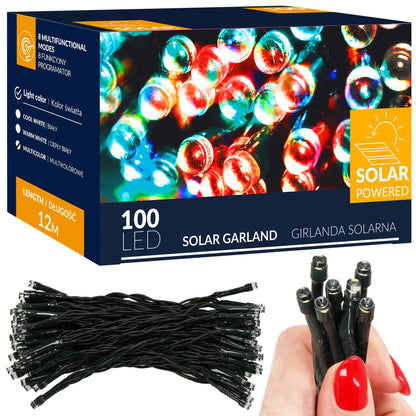 Kalėdinės lemputės su saulės baterija CL4149 12m, šilta balta, 8 apšvietimo funkcijos